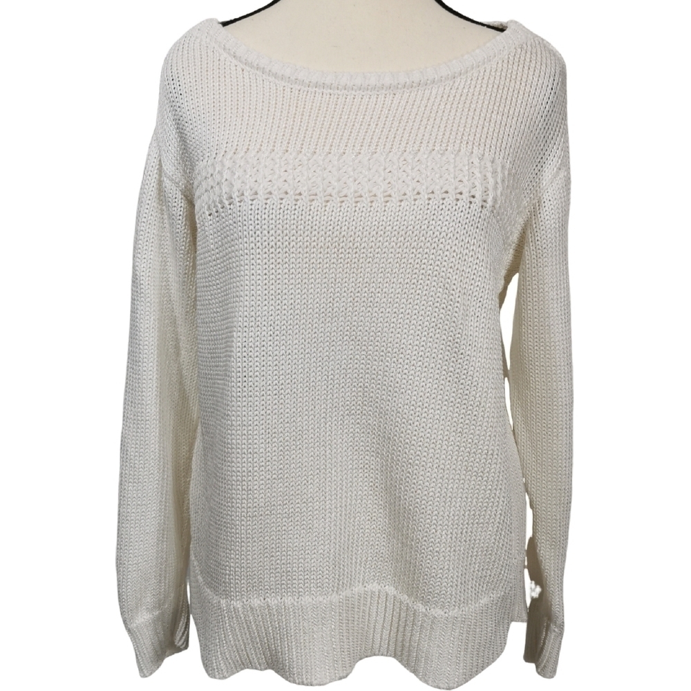 Elie Tahari Cotton Blend Long Sleeve Boat Neck Relaxed Fit Sweater White - Sz M